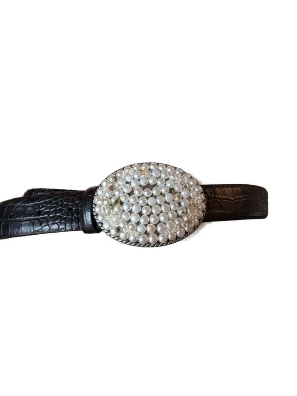 Vintage Ivan Western Belt Set Mother of Pearl Buckle Buckle & Bling Leather Stra - Picture 2 of 9
